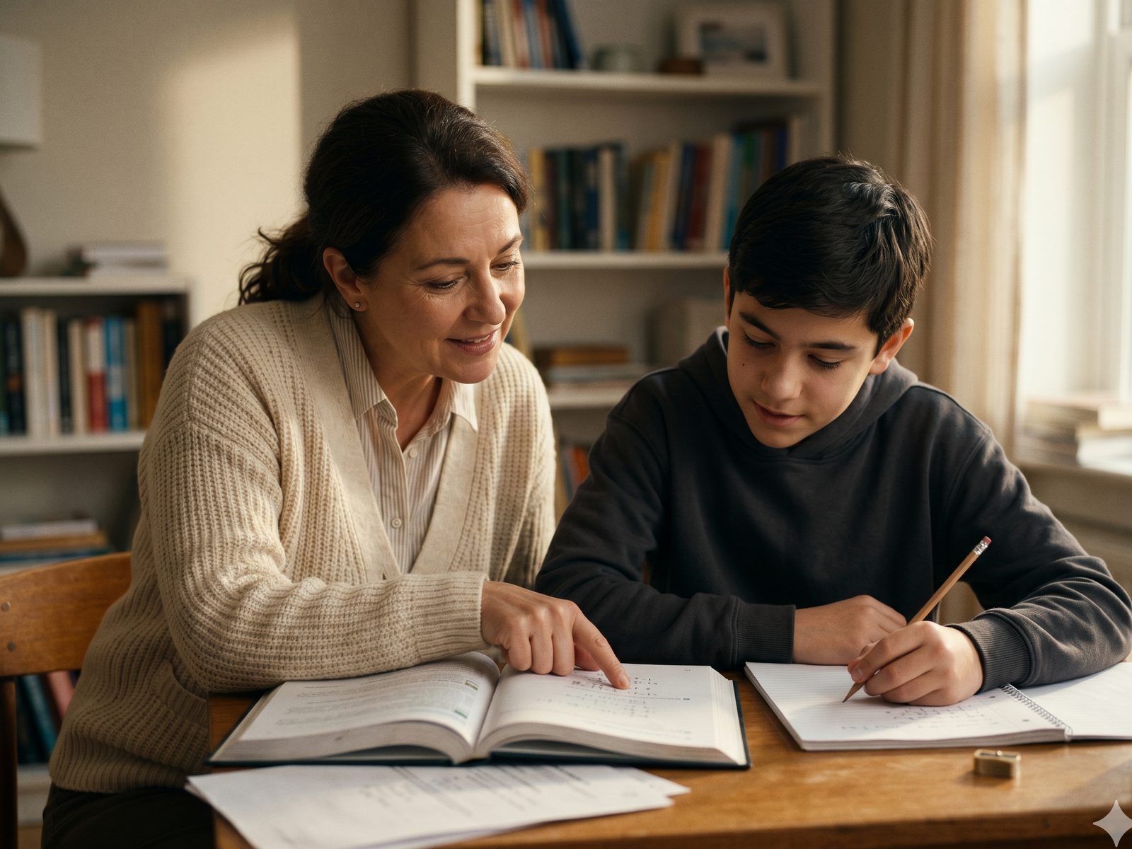 A tutor pointing at an open algebra textbook while her teenage student writes in his notebook at our Livingston office