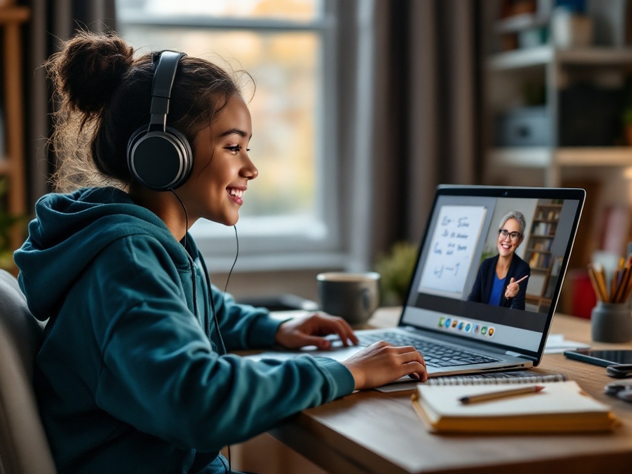 A middle school student at home in a live online tutoring session with her teacher on screen