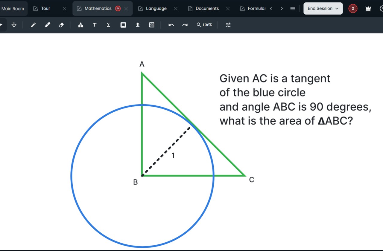 The Lessonspace online classroom showing a geometry problem on the shared whiteboard