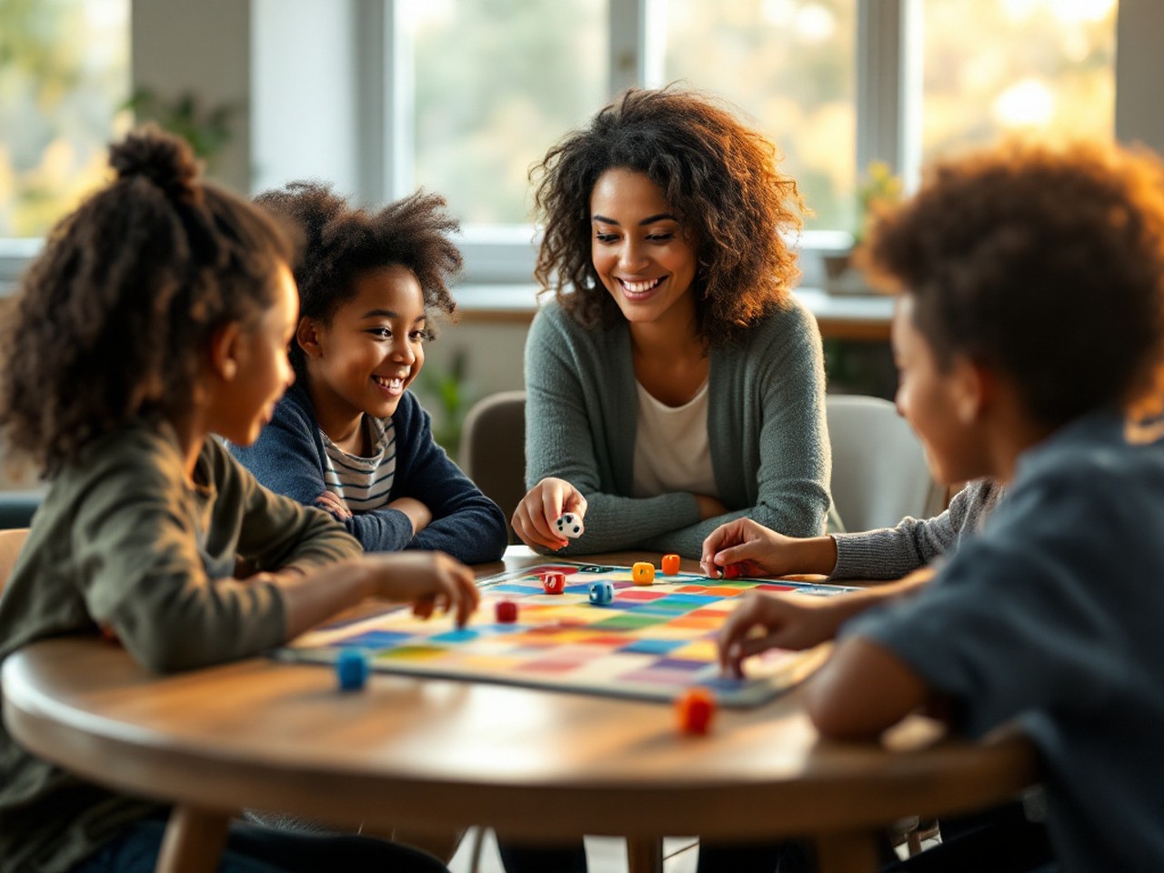 A small group of elementary students playing a board game at a round table while a smiling coach looks on