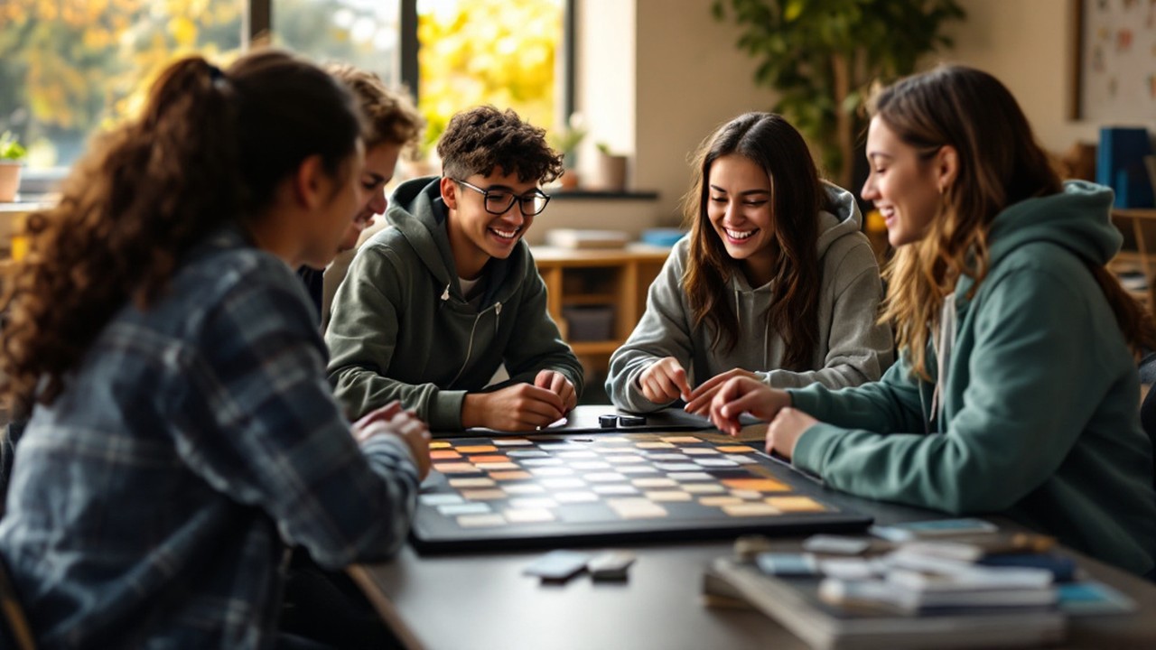 High school students laughing together over a strategy game